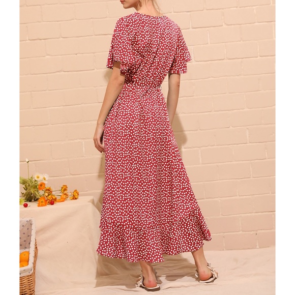 Red Ditsy Floral Summer Ruffle Wrap Maxi Dress - Picture 2 of 6